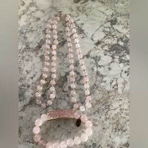 Chic Pink Rose Quartz Beaded Necklace and Stretch Bracelet Set